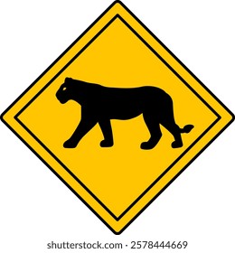 Yellow Road Sign Puma. Vector Icon. Wild Cat. Road Sign Warning Animals Crossing Road. Zoo Sticker