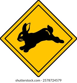 Yellow Road Sign Rabbit. Vector Icon. Hare. Road Sign Warning about Crossing the Road by Animals. Sticker for Zoo