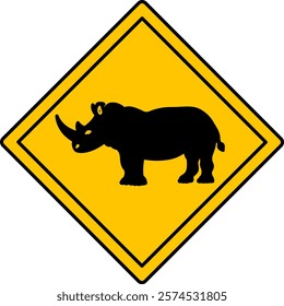 Yellow Road Sign Rhino. Vector Icon. Road Sign Warning about Crossing the Road by Animals. Sticker for Zoo