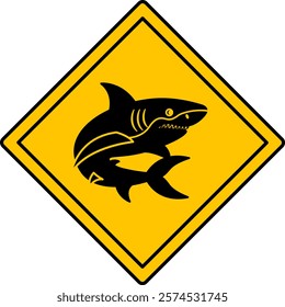 Yellow Road Sign Shark. Vector Icon. Fish, Predator. Road Sign Warning About Shark. Zoo Sticker