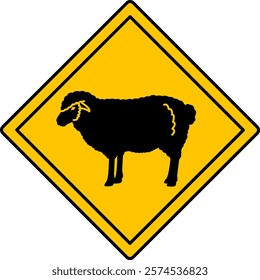 Yellow Road Sign Sheep. Vector Icon. Farm, Agriculture. Road Sign Warning about Animal Crossing the Road. Zoo Sticker