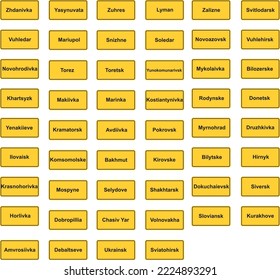 Yellow road sign table with cities names of Donetsk region, Ukraine