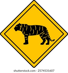 Yellow Road Sign Tiger. Vector Icon. Road Sign Warning about Crossing the Road by Animals. Sticker for Zoo