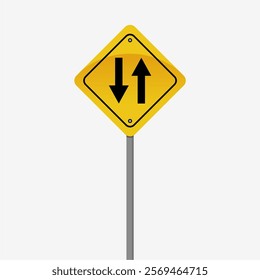 Yellow road sign with two arrows on white background