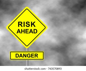 Yellow road sign as a warning of Danger Risk Ahead. Background of dark grey sky with cumulus clouds and yellow banner. Vector illustration.