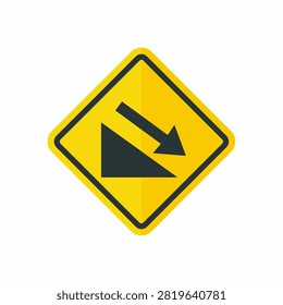 Yellow road sign warning of a steep downward slope ahead.