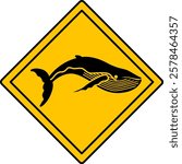 Yellow Road Sign Whale. Vector Icon. Killer Whale, Big Fish. Road Sign Warning Animals Crossing Road. Zoo Sticker