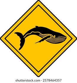 Yellow Road Sign Whale. Vector Icon. Killer Whale, Big Fish. Road Sign Warning Animals Crossing Road. Zoo Sticker