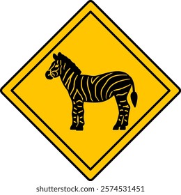 Yellow Road Sign Zebra. Vector Icon. Striped Horse. Road Sign Warning about Animals Crossing the Road. Zoo Sticker