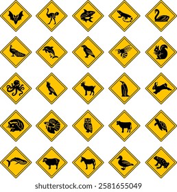 Yellow Road Signs Animal Crossing. Vector Icons Bat, Ostrich, Shark, Iguana, Swan, Peacock, Dolphin, Eagle, Bee, Squirrel, Octopus, Parrot, Goat, Penguin, Rabbit, and Others