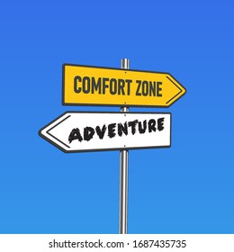 Yellow road signs with 'comfort zone/adventure' text on a pole, vector illustration