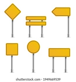Yellow road signs. Empty traffic highway speed street metal sign collection, stop safety boards, blank hazard forbidden and warning symbols, diamond street. Vector isolated set