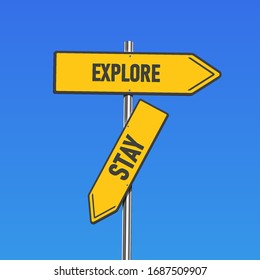 Signos de carretera amarillos con texto 'explorar/quedarse' en un polo, ilustración vectorial
