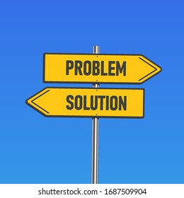 Yellow road signs with 'problem/solution' text on a pole, vector illustration