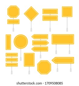 Yellow road signs set. Street boards, post, blank traffic signs. Modern graphic design elements. Flat style. Vector illustration