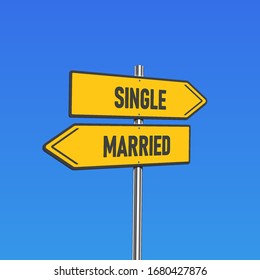 Yellow road signs with 'SINGLE/MARRIED' text on a pole, vector illustration