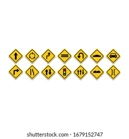 Yellow road signs, traffic signs arranged with shadows on a white background. Vector illustration.