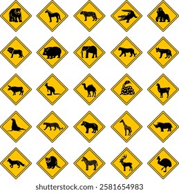 Yellow Road Signs Wild Animal Crossing. Vector Icons Bear, Horse, Tiger, Crocodile, Gorilla, Lion, Hippopotamus, Elephant, Panther, Coyote, Bull, Kangaroo, Camel, Snake, Llama, and Others