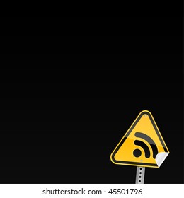 Yellow road warning sign with RSS symbol and with curved corner on black background