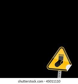 Yellow road warning sign with sock symbol and with curved corner on a back background