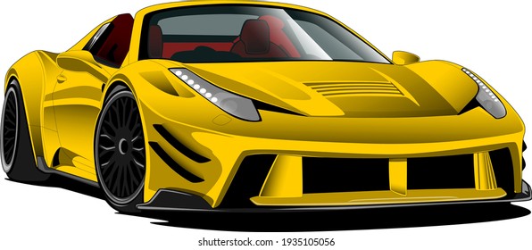 Yellow roadster coupe widebody style car front side vector illustration