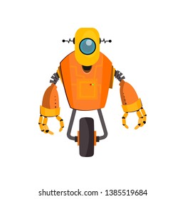 Yellow robot cartoon illustration. One wheeled cyborg with wheel and arms. Robotics concept. Vector illustration can be used for topics like robotic science, engineering, cyber technology