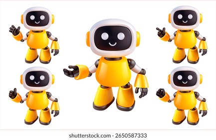 Yellow robot with different arm positions and gestures. Concept of robots, automation, artificial intelligence.
