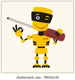 Yellow robot with large screwdriver on her shoulder for decoration of service. 