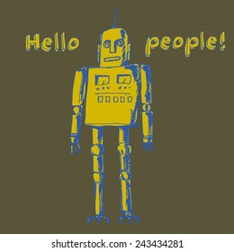 Yellow robot on a green background. Vector design.