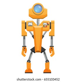 Yellow robot with springs on arms and legs and helmet with circular window vector illustration isolated on white background.