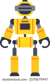 Yellow robot standing still with a visor on its head, robotic arms, and a digital display on its chest, representing advanced technology and artificial intelligence