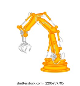 Brazo robótico amarillo 3d aislado en fondo blanco.brazo mecánico.brazo robot ensamblador.Tecnología industrial moderna.