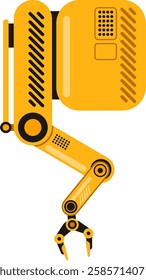 Yellow robotic arm designed for industrial automation. Featuring multiple joints. A gripping claw. And advanced technological components. Enhancing efficiency and precision in manufacturing processes