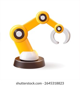 A yellow robotic arm featuring a claw placed on a white background in the style of 3D realism, cartoon design, 3D plastic with glossy highlights