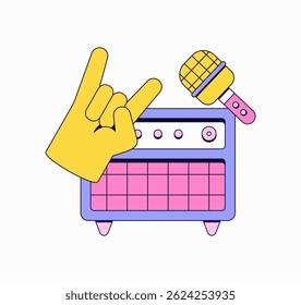 Yellow rock hand sign, a pink and purple microphone, and an amplifier cartoon vector hand drawn illustration for music, concerts, rock culture, and audio gear