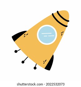 Yellow rocket for flight into space. Vector illustration in doodle style.