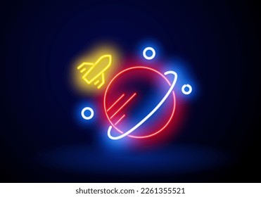 Yellow Rocket Fly Round Planet neon light sign vector. Glowing bright icon Rocket Fly Round Planet sign. Rocket and Galaxy Planets Neon Light Glowing Vector Red.