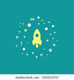 yellow rocket flying up  on blue background.  Shuttle with signs, stars. Launch, upgraid icon. Creative project start, business advance, breakthrough sign. Fast growth symbol. Speed, grow up, increase