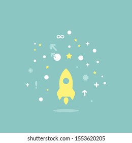 yellow rocket flying up  on blue background.  Shuttle with signs, stars. Launch, upgraid icon. Creative project start, business advance, breakthrough sign. Fast growth symbol. Speed, grow up, increase