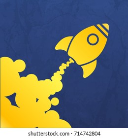 yellow rocket icon with clouds on a blue crumpled background - vector illustration