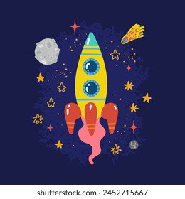 Yellow rocket on blue backdrop with moon, stars, comet in cartoon style