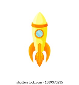 Yellow rocket with a red stripe and porthole. Vector illustration.