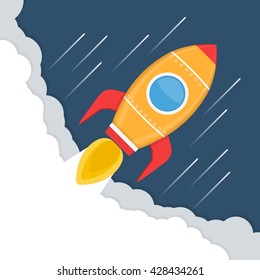 Yellow rocket in space, rocket launch, start-up concept, vector eps10 illustration