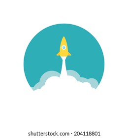 Yellow Rocket And White Cloud, Circle Icon In Flat Style, Conceptual Of Start Up New Business Project, Take Off Of A Business Or Project Or Extraterrestrial Travel Vector Illustration