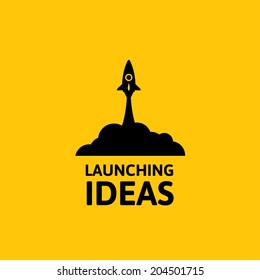 Yellow rocket and white cloud, icon in flat style isolated on yellow background, conceptual of start up new business project, take off of a business or project or extraterrestrial travel vector