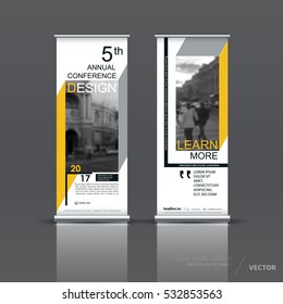 Yellow roll up banner design brochure flyer vertical template, vector x-banner and street business flag-banner, cover presentation abstract geometric background vertical layout
