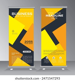 Gelb Roll up Banner Stand Vorlage, Vertikales Banner-Design für Werbung, Pull-up und x Banner, Flyer Design Vektorgrafik für Unternehmen