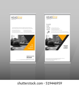 Yellow roll up, business brochure template for advertining. Vertical banner design. Vector presentation template, corporate identity design, eps10