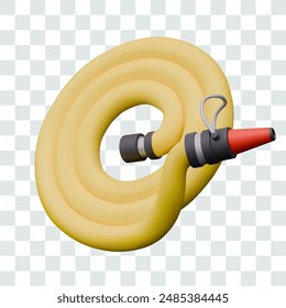 Yellow rolled fire hose with nozzle. Professional equipment for extinguishing fire with water