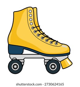 Patins de rolo amarelo com rodas pretas e sola azul no ícone de fundo branco